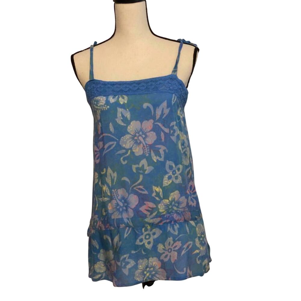 Blue Ginger Hawaiian Designs Rayon Spaghetti Strap Floral Aloha Top Peplum S
